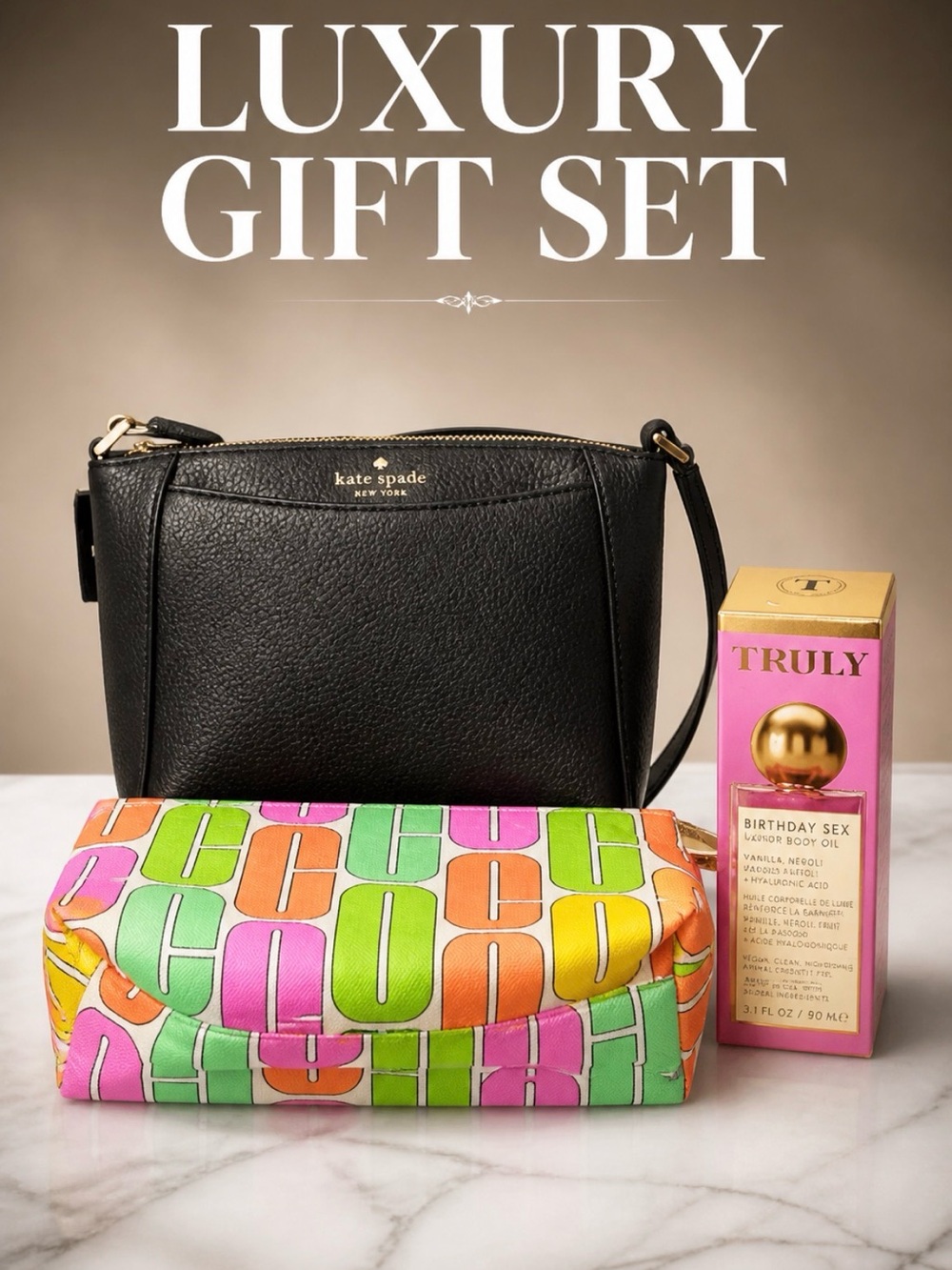 Kate Spade Black Pebbled Leather Crossbody Bag with Cosmetic Pouch & body oil